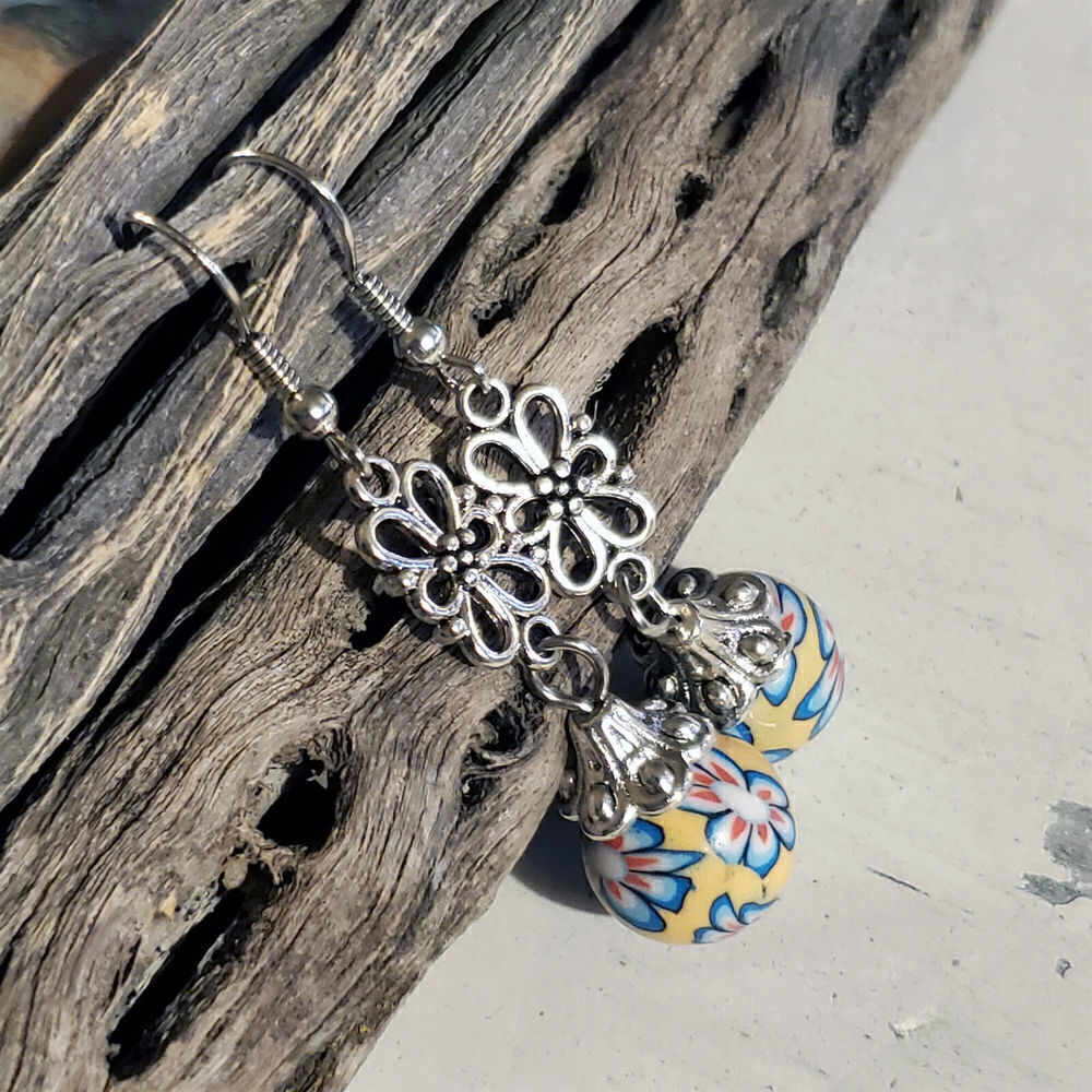 Hand Crafted Fimo Clay Yellow Blue Multi Flower Beads Antique Silver Earrings